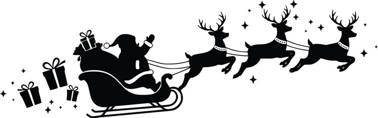 Silhouette of Santa Claus riding in a sleigh pulled by three reindeer, with gift boxes flying out, surrounded by festive stars and sparkles