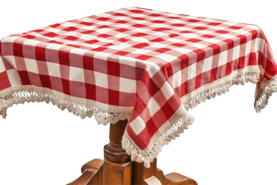 Red and white checkered tablecloth on a wooden table (1)