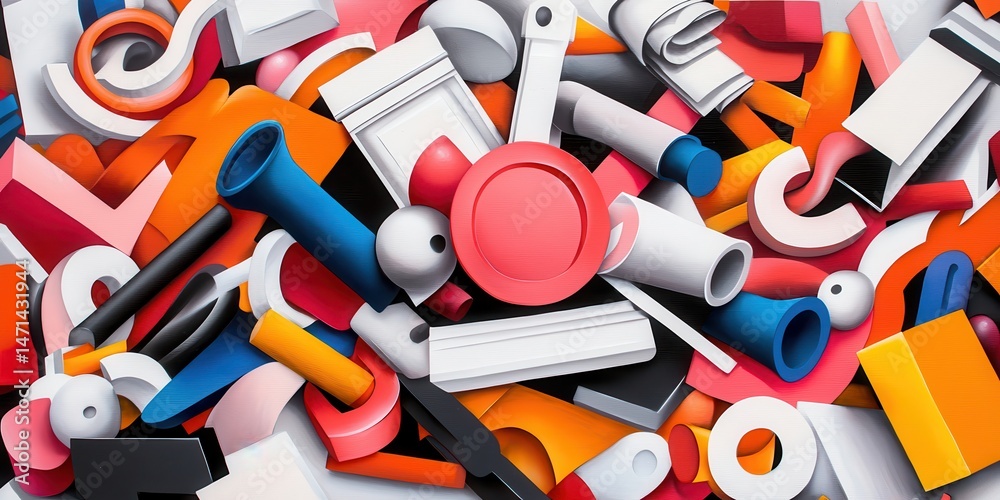 Poster A colorful pile of abstract geometric shapes and objects, featuring tubes, circles, and blocks in red, white, orange, yellow, and blue.