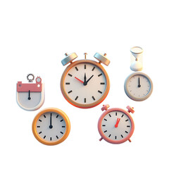 Colorful 3D Render of Assorted Timekeeping Devices Showing Different Times