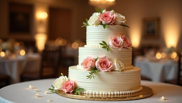 Elegant wedding cake with floral decorations, ready for the reception , sugar flowers, banquet