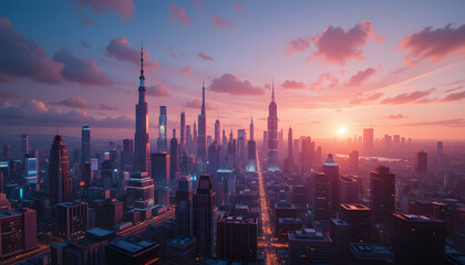 Fototapeta premium Abstract futuristic city skyline at sunset.