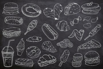 Various of fast food seamless set on black background. Sketch of junk food on chalk board. Line art of food and drink on black board