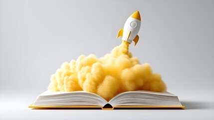 Imaginative rocket launching from an open book