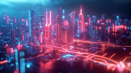 Obraz premium Neon Cityscape: A Futuristic Digital Metropolis