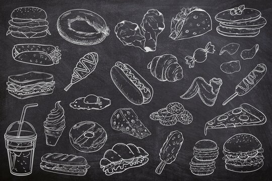 Naklejki Various of fast food seamless set on black background. Sketch of junk food on chalk board. Line art of food and drink on black board