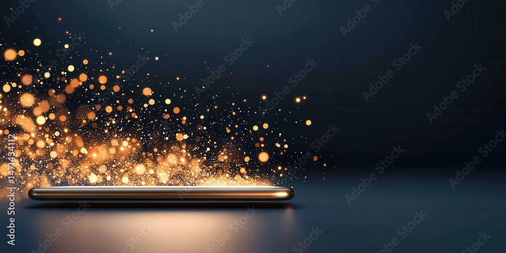 Poster a smartphone emits glowing golden particles, creating a magical, futuristic effect against a dark ba