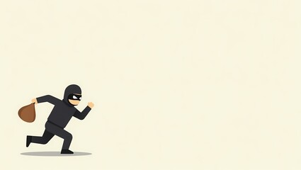 Obraz premium Criminal escape: A cartoon representation of a thief in a black mask carrying a bag is fleeing after committing a crime, an icon of an act that should be avoided.