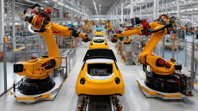 Automated Automotive Assembly: A captivating glimpse into a modern automotive factory, showcasing a sleek assembly line powered by advanced robotics.