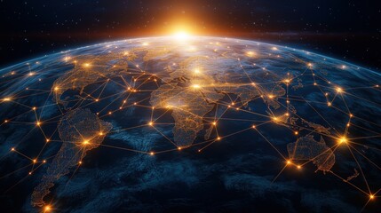 Obraz premium Glowing network connections illuminate Earth's surface, symbolizing global communication and interconnectedness.