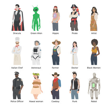 illustration of set character, dracula, chef, doctor, pirates