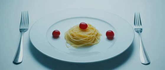Spaghetti Served on White Plate with Cherry Tomatoes Minimalist Food Presentation Overhead Shot Simple Meal Preparation