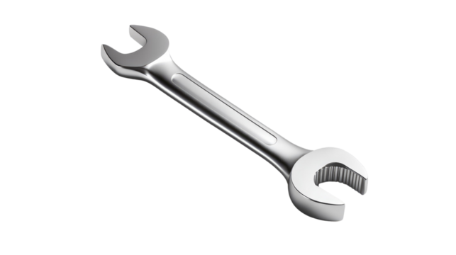 Simple Wrench on a Clean Background: A close-up shot of a gleaming wrench, its metallic surface catching the light against a clean, uncluttered background. Representing tools and hardware