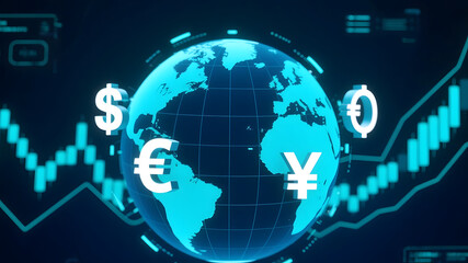 Global Finance: Currency Symbols and Earth Globe with Analytics Charts