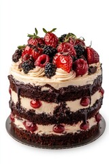 Delicious Layered Chocolate Cake with Fresh Berries and Cherries Studio Shot on White Background