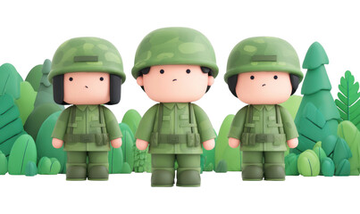 Cartoon soldiers in green uniforms standing in forest environment, cut out - stock png.