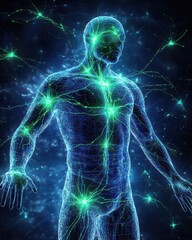 Human body neural network illustration glowing connections in blue and green on dark background anatomical science concept