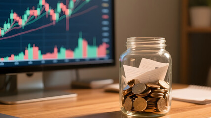 Financial Planning: Savings Jar with Coins and Papers on a Desk