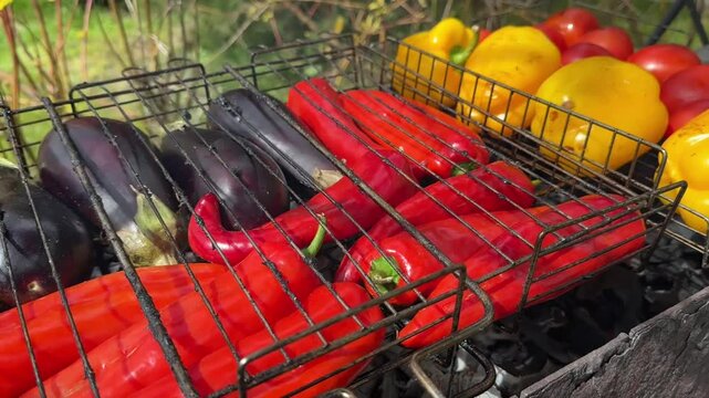 Tomatoes and bell peppers,ramiro peppers and eggplants on the grill. Vegan menu.