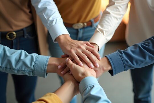 Multiethnic diverse group of colleagues join hands together.