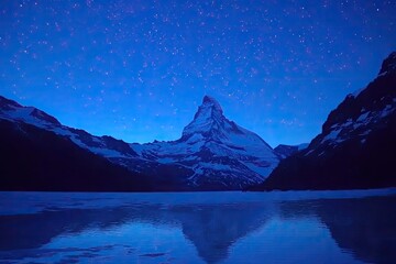 A snow-capped mountain peak rises under a starry sky, reflected in a frozen lake