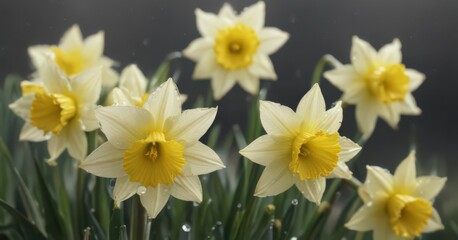 Obraz premium Close-up of delicate daffodil blooms, dew drops, water, macro