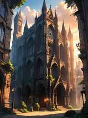 Gothic cathedral in golden hour light, anime style digital painting with detailed architecture