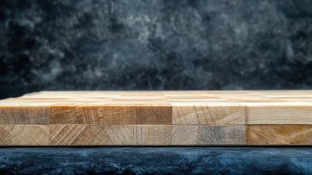 Product display wooden board against dark backdrop studio shot close up eye level for food photography or product presentation