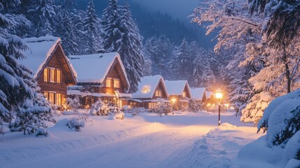 Fototapeta premium Snow-covered cabins illuminated by night lights in a wintry landscape.