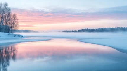 Obraz premium Serene winter landscape with soft colors reflected in the tranquil water