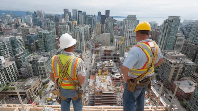 Highrise Construction Workers: Two construction workers in safety gear stand on a highrise building, overlooking a sprawling cityscape.