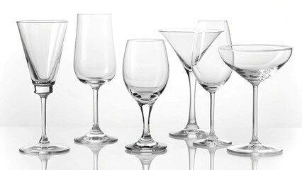 Different styles of bar glasses with transparent backgrounds and nobody drinking booze at a party wearing goggles over drink