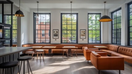 Sunlit Lounge: Modern Interior Design with  Large Windows and Leather Seating