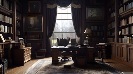 A traditional English study with dark wood furniture and classic decor