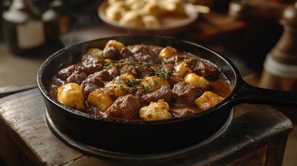 Beef stew cooked in a cast iron pan.