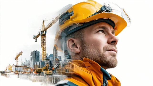 Construction worker with a vision: A construction worker in a yellow helmet and uniform, gazing confidently towards a future filled with architectural marvels. Blending ambition, expertise.