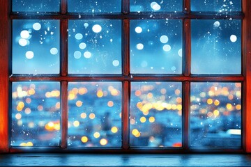 Snowy night city view through a wooden window