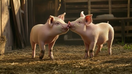 Adorable Piglets Sharing a Tender Moment in Rustic Barn