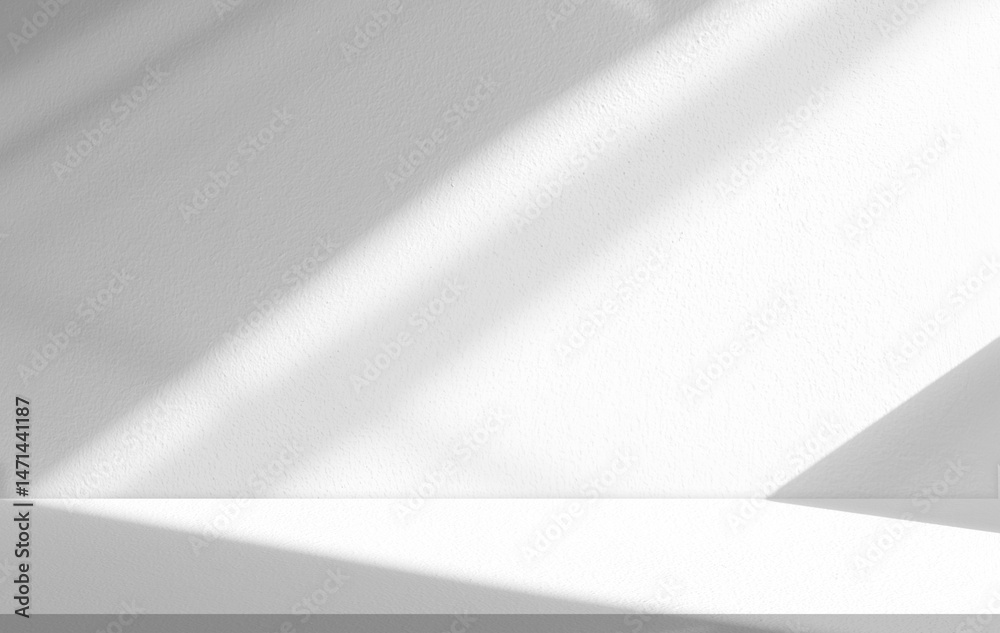 Aufkleber Background White Wall Studio with Light,Shadow Window on overlay on floor.Grey Studio background for Spring,Summer product display,Interior kitchen room with sunlight for Autumn or Winter banner