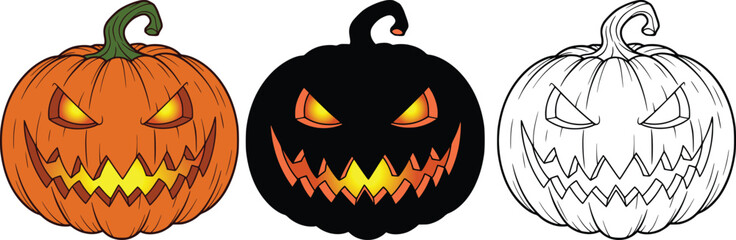 Set of three carved halloween pumpkins with jack-o'-lantern faces in full color, black silhouette, and line drawing style