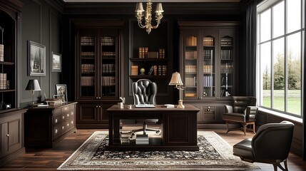 A traditional English study with dark wood furniture and classic decor