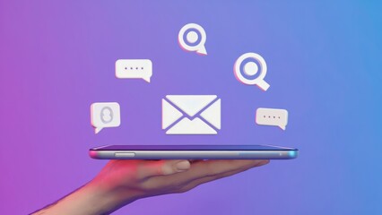 Hand holding a tablet with email, chat, and search icons