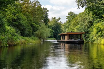 Fototapeta premium Houseboat on quiet river surrounded by greenery