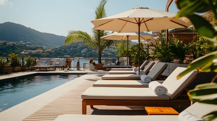 A luxury outdoor poolside lounge with sunbeds and umbrellas