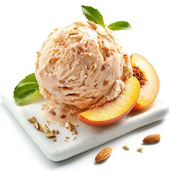 A decadent peach and almond praline ice cream scoop, creamy pastel orange in color, 