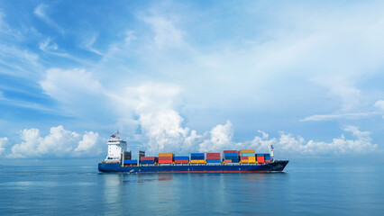 Large container cargo ship sailing across calm blue sea under bright sky, loaded with colorful...