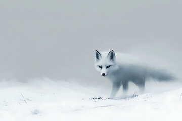 Fototapeta premium Arctic fox navigating through a snowy landscape, blending with the winter scenery, showcasing nature's beauty