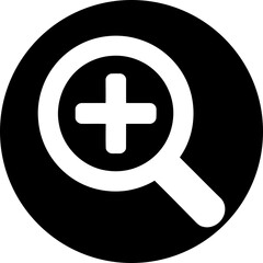 Circular Zoom In Icon: White/Transparent Solid Magnifying Glass on Black