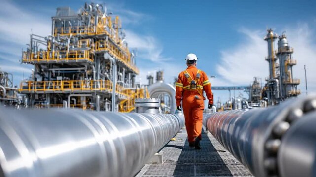 Industrial Worker:  A solitary worker in a bright orange suit walks across a vast industrial complex, pipelines, and towering structures, conveying the scale and complexity of modern industry.