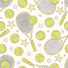 Retro Tennis equipment Game Day vector seamless pattern. Boyish Sports Sporty Boy background.
